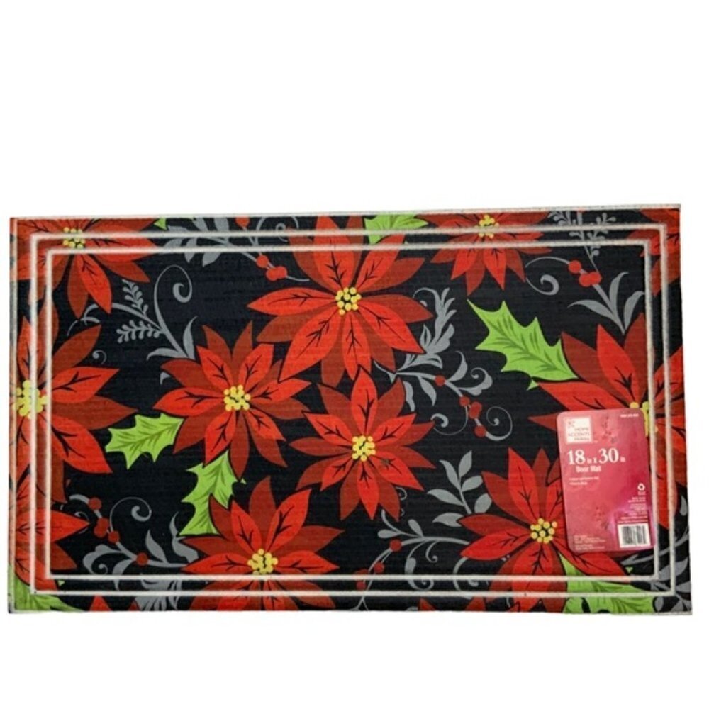 Doormat Christmas Poinsettia Heavy Duty Indoor/Outdoor Red Black 18 x 30 in